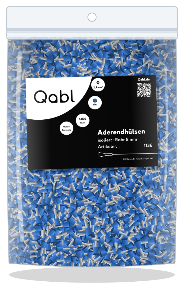 Transparenter PE-Beutel mit 1.000 blauen Aderendhülsen 2,5 mm² und Qabl-Etikett, Art.-Nr. 1136